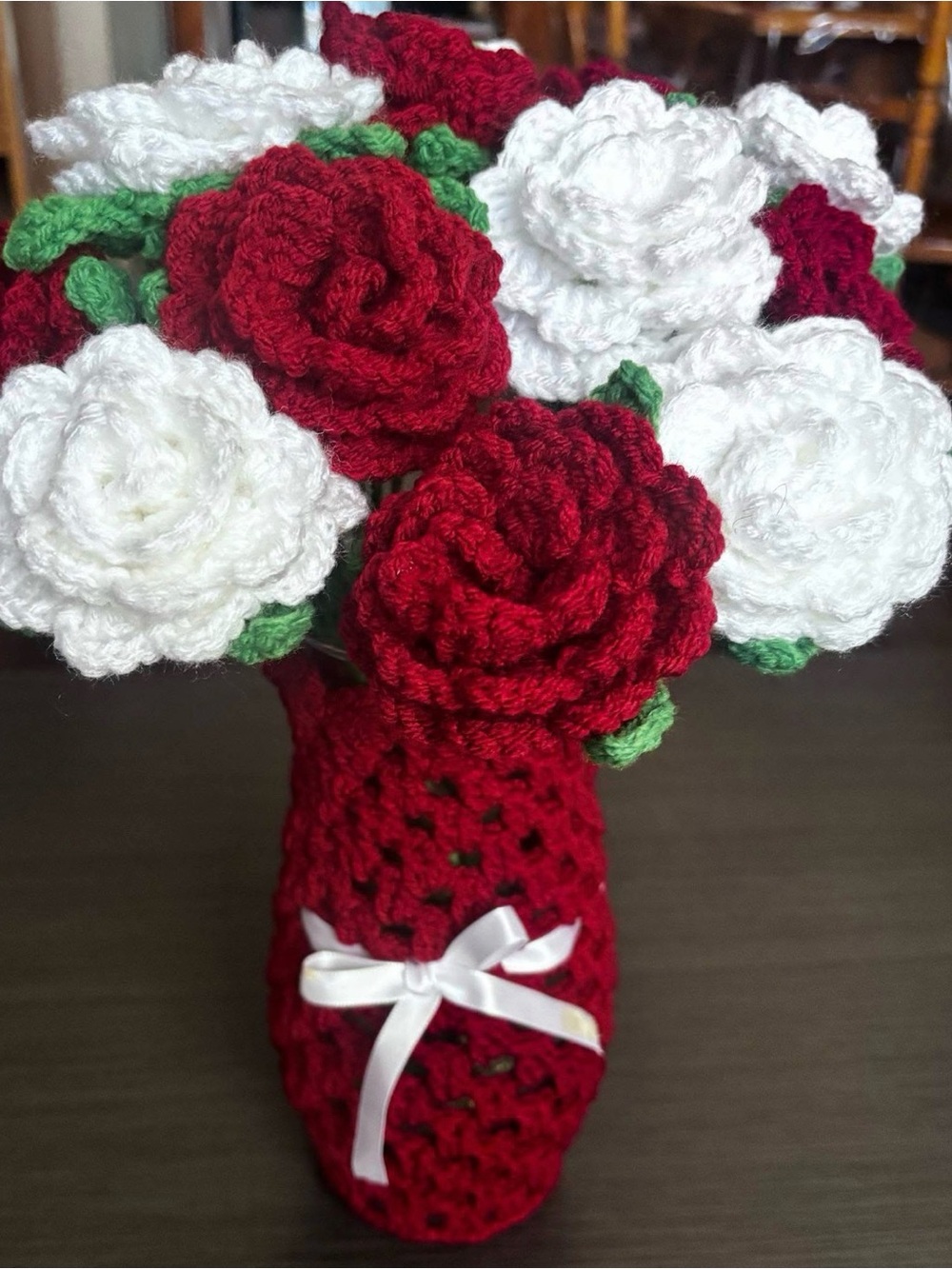 Handmade Red & White Crochet Rose Bouquet by